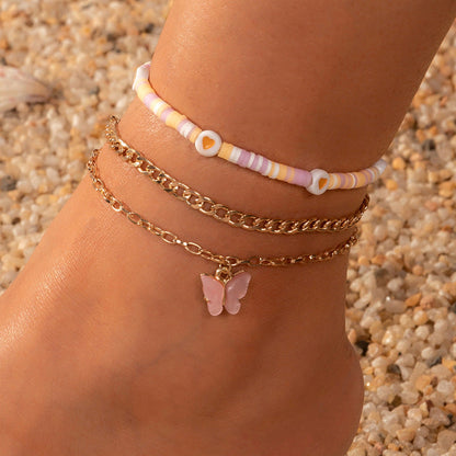 Conjunto de tobillera de doble capa con cuentas de corazón y mariposa bohemia