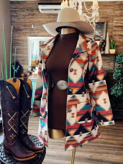 Manteau décontracté à manches longues et revers imprimé western pour femme