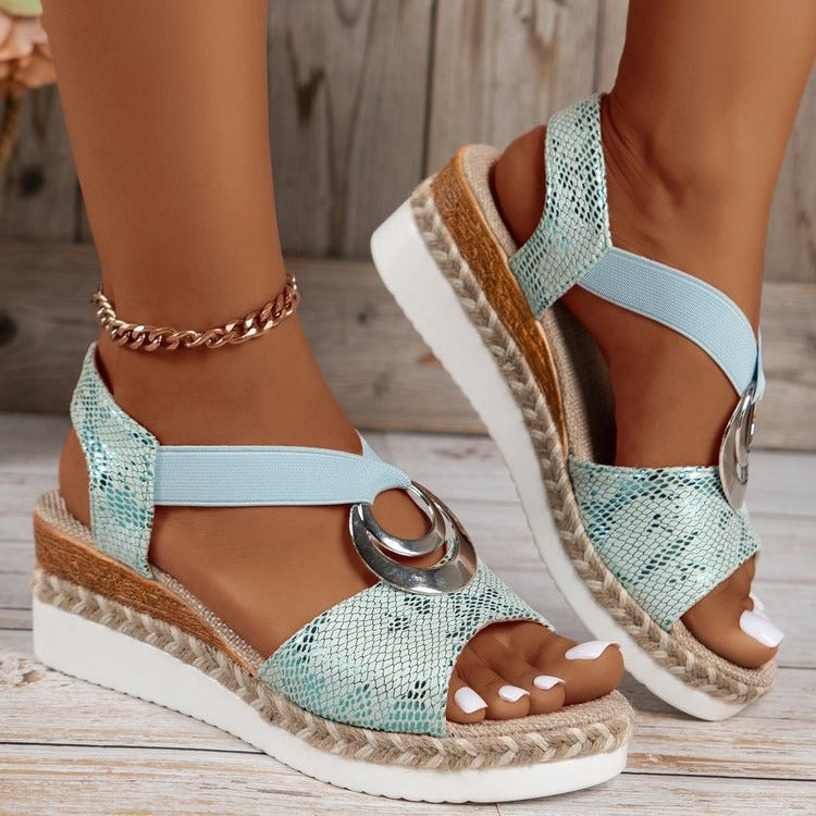 Sandales compensées à bout ouvert pour femmes, décontractées, en corde de chanvre, avec boucle en métal, pour les vacances