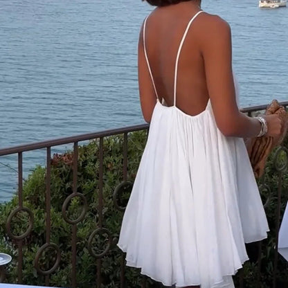 Women Fashion Sexy Vacation Pleated Backless Dress