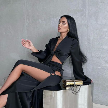 Ensemble deux pièces à lacets et manches longues pour femme, en polyester uni