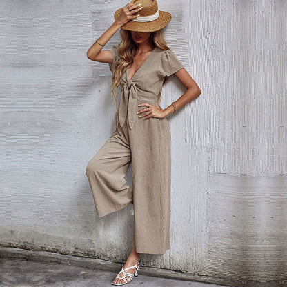 Mono informal de verano de algodón y lino con pierna ancha para mujer