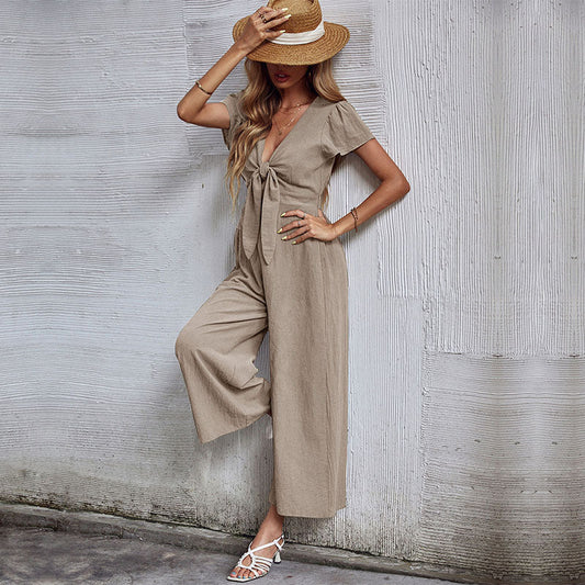 Women Summer Casual Cotton Linen Wide-Leg Jumpsuit