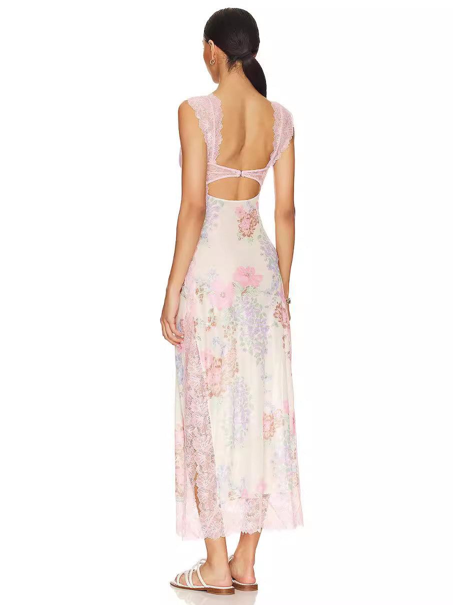Vestido sexy de encaje calado sin mangas con abertura para mujer