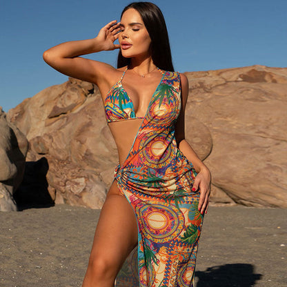 Conjunto de bikini bohemio de verano con estampado gráfico para mujer