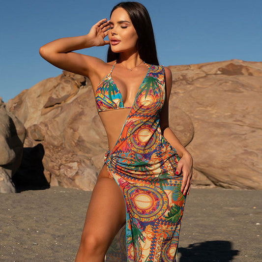 Conjunto de bikini bohemio de verano con estampado gráfico para mujer