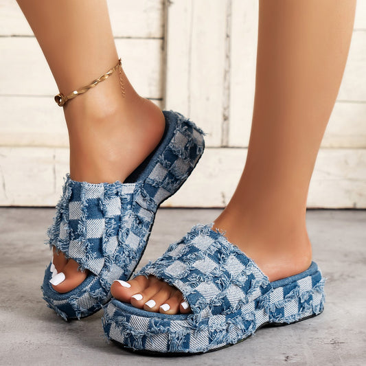 Pantuflas informales de plataforma con cuña y cuadros vaqueros para mujer