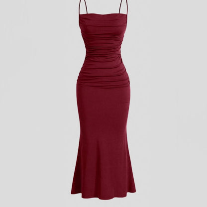 Vestido midi plisado con tirantes finos para mujer, de poliéster, color liso