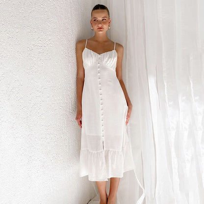 Vestido sexy de lino y algodón liso con tirantes finos y abertura para mujer