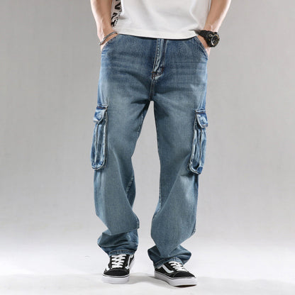 Vaqueros cargo holgados de pierna ancha con múltiples bolsillos a la moda para hombre