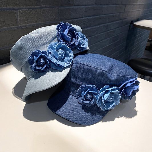 Women Fashion Casual Flower Decoration Denim Flat Hat