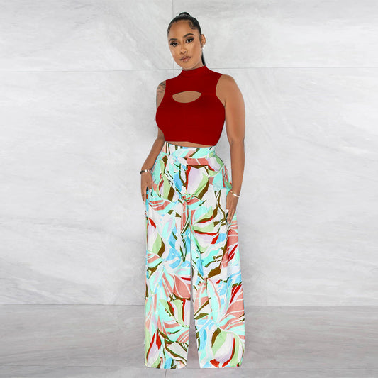 Women Fashion Casual Round Neck Sleeveless Crop Top Set