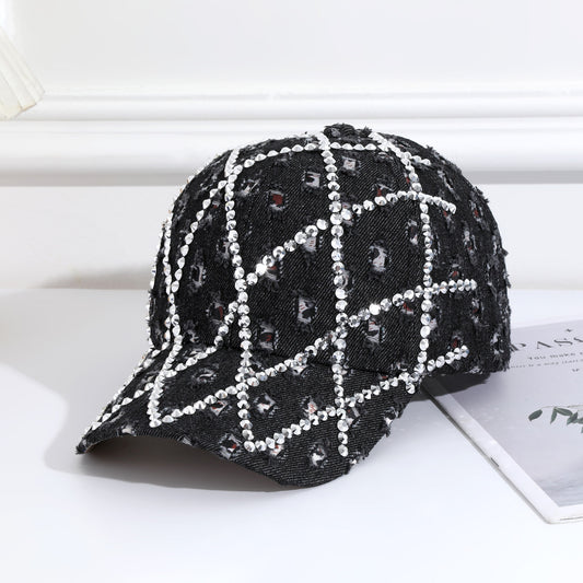 Gorra de béisbol vaquera rasgada con diamantes de imitación para mujer