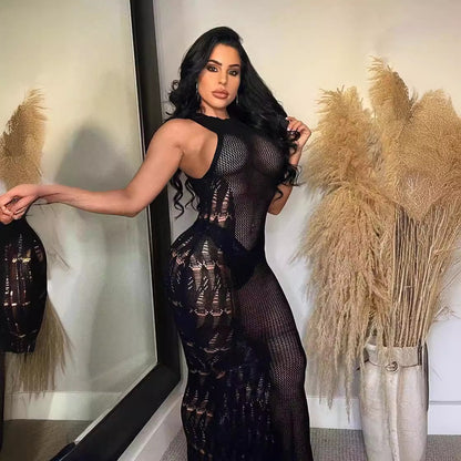 Women Vacation Sexy Hollow Mesh Knitted Long Dress
