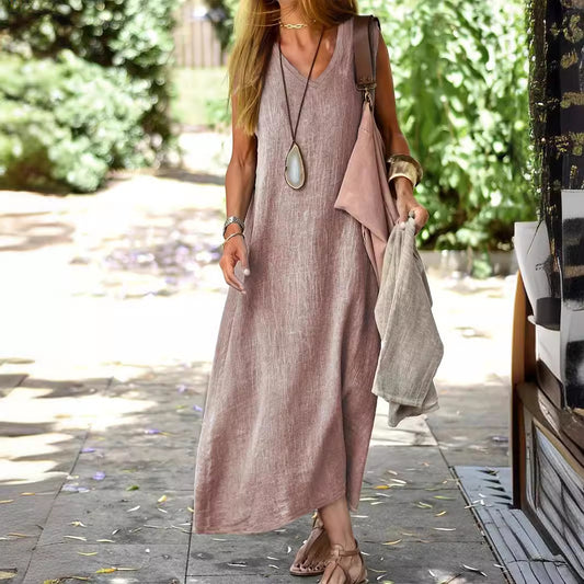 Vestido informal de lino y algodón sin mangas con cuello en V para mujer
