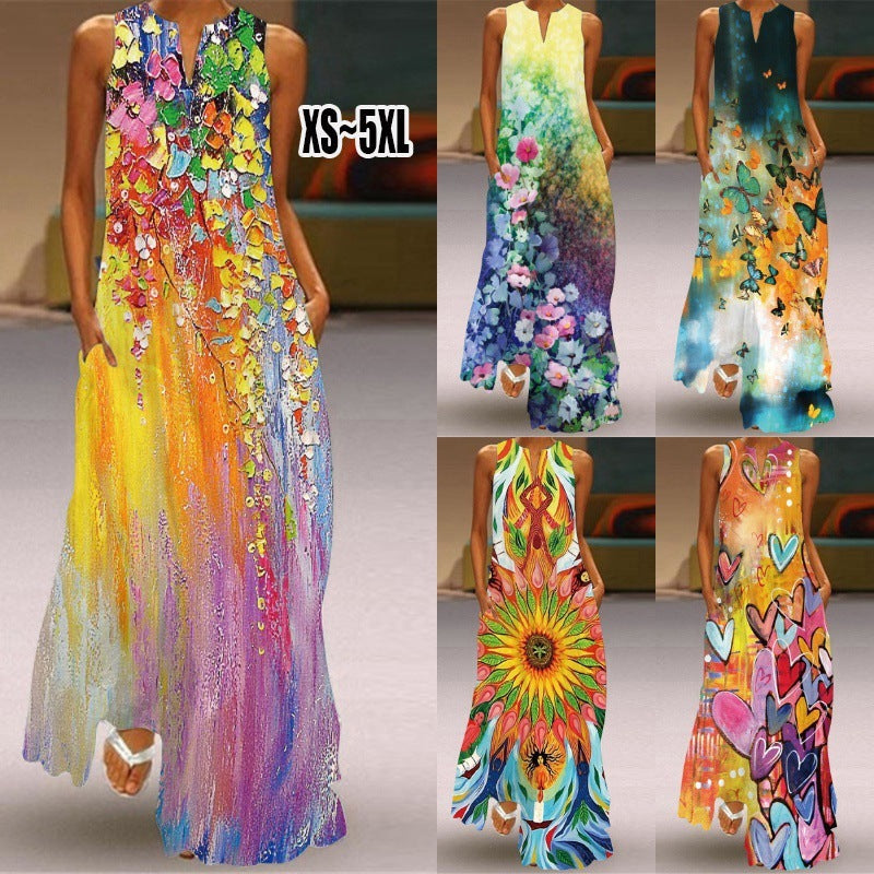 Women Plus Size Casual Fashion Boho Style Floral Heart Print Maxi Dress