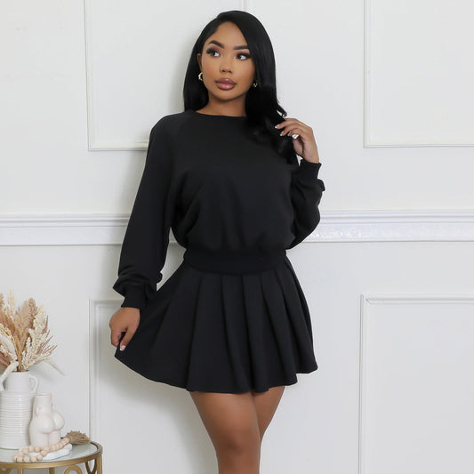 Women Casual Solid Color Long-Sleeve Sweatshirt Skirt Set