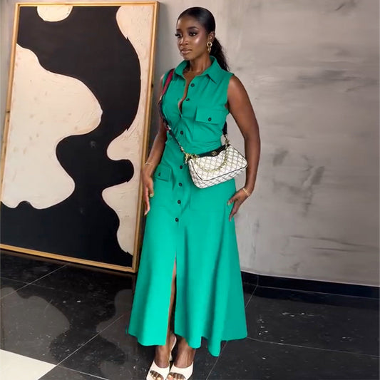 African Women Summer Sleeveless Cardigan Dress in Polyester