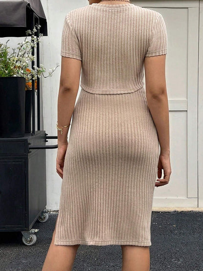 Mid-Length Slim-Fit Adjustable Waist Short-Sleeved Top Skirt Set