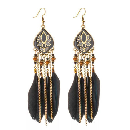 Pendientes bohemios con borlas de plumas y cuentas de flor de loto