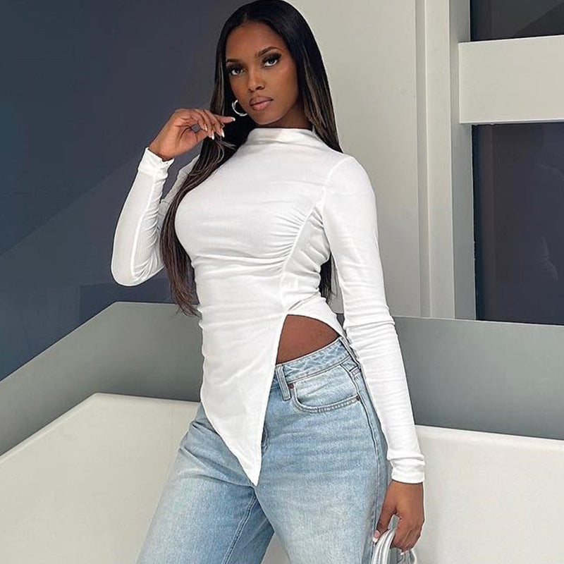 Women Fashion Solid Color Round Neck Long Sleeve Blank T-Shirt