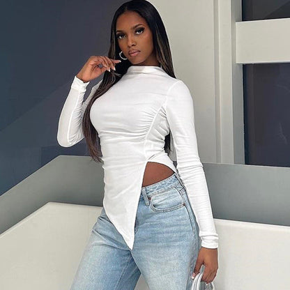 Women Fashion Solid Color Round Neck Long Sleeve Blank T-Shirt
