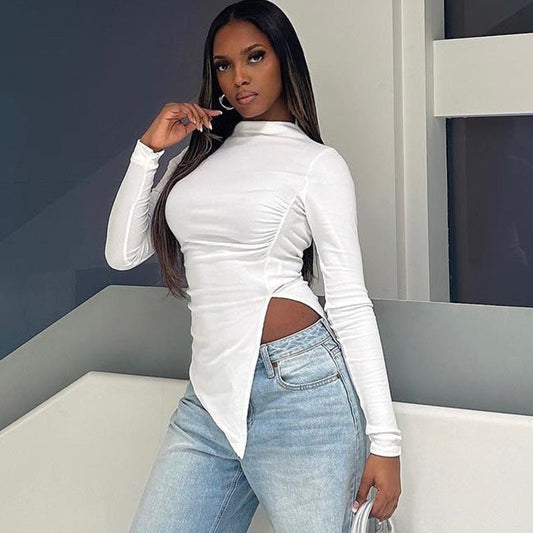 Women Fashion Solid Color Round Neck Long Sleeve Blank T-Shirt