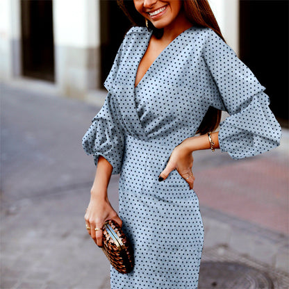 Vestido elegante con estampado de lunares, escote en V y manga corta para mujer en azul