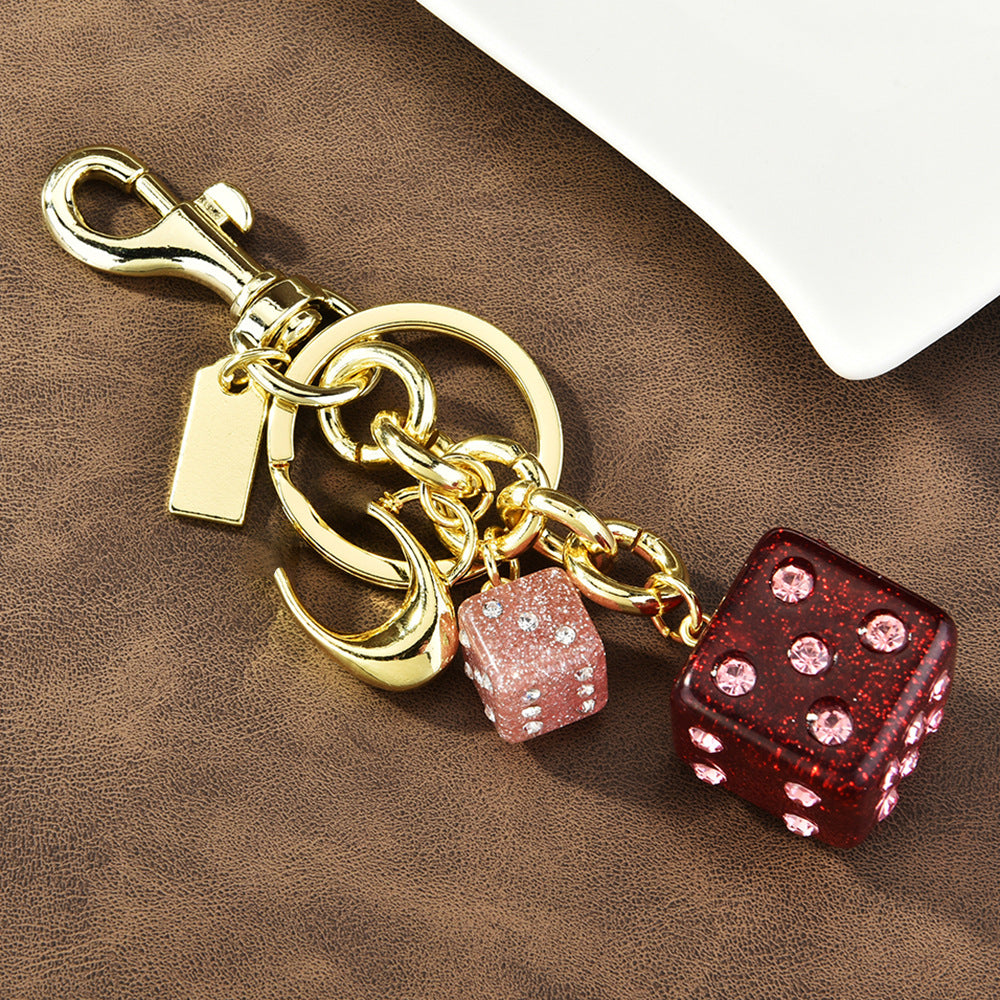 Women Fashion Pink Dice Crystal Pendant Keychain