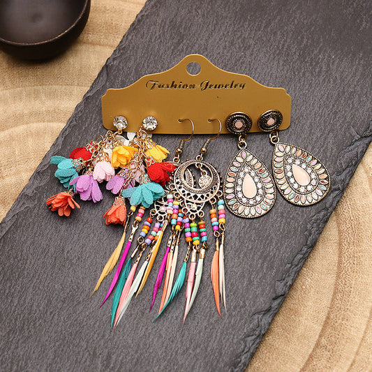 Conjunto de pendientes con borlas creativas retro de estilo étnico bohemio