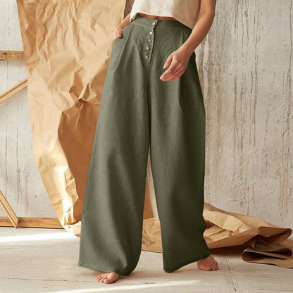 Pantalon large taille haute décontracté de couleur unie pour femme