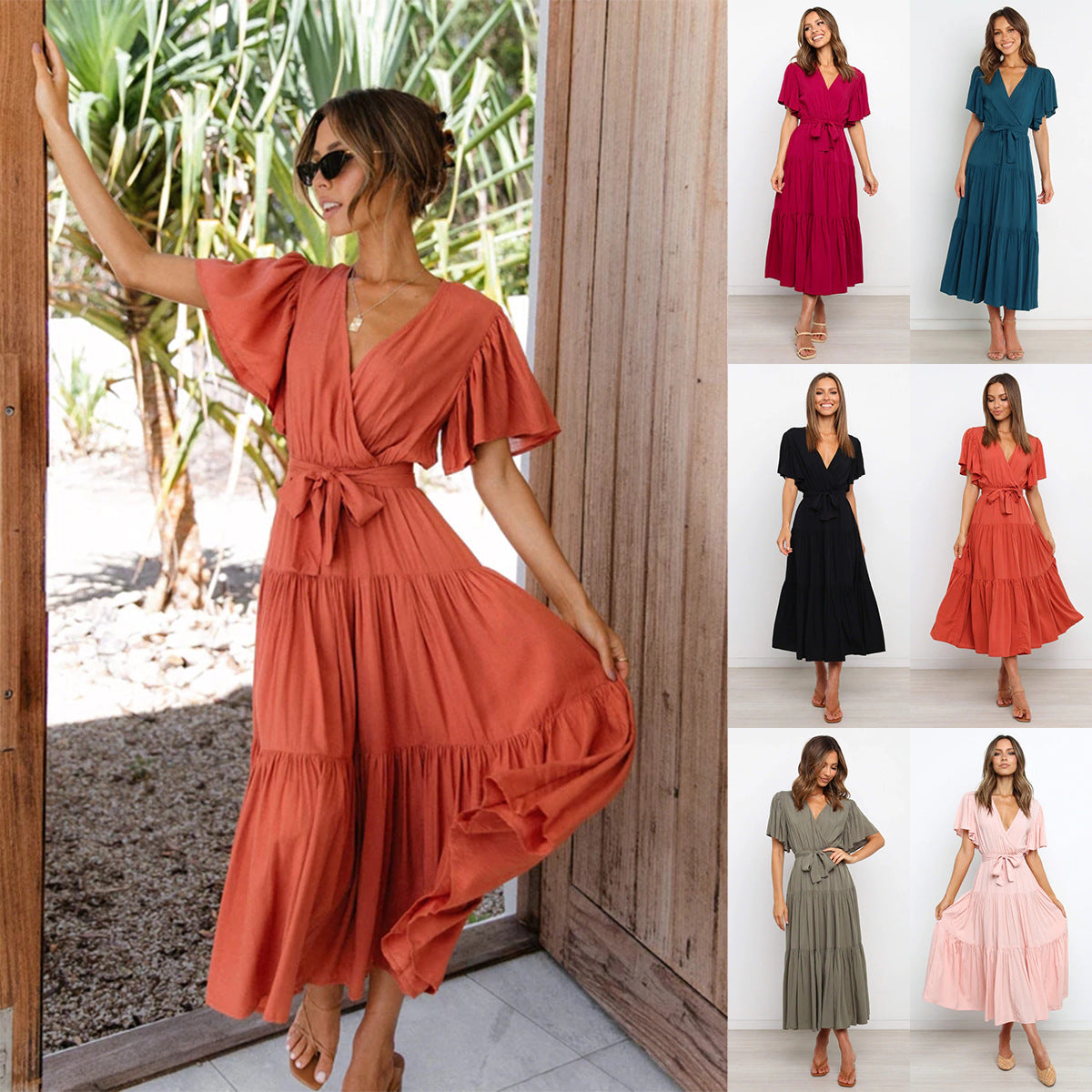 Summer Women Fashion Bohemian Style V-Neck Short Sleeve Maxi Dress