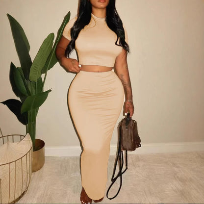 Women Short-Sleeve Solid Color T-Shirt and High Waist Skirt Two-Piece Set
