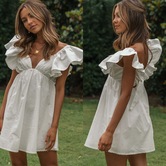 Women Summer Vacation V Collar Ruffle Sleeve Dress