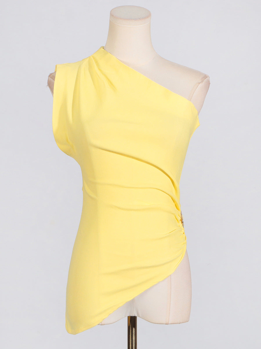 Camiseta sin mangas plisada de color sólido sexy a la moda para mujer