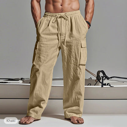 Men Casual Cotton Linen Multi-Pocket Pants