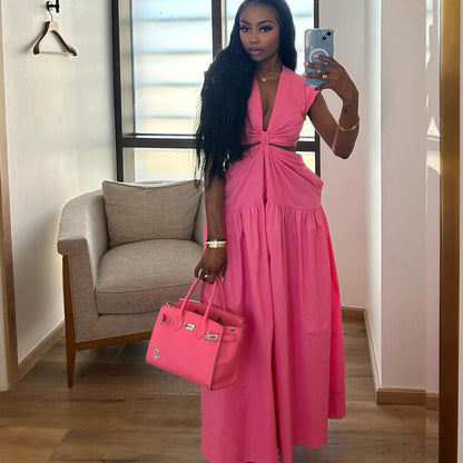 Women Fashion Sexy Solid Color Hollow-Out Dress