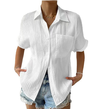 Women Casual Solid Color Cotton Blend Blouse