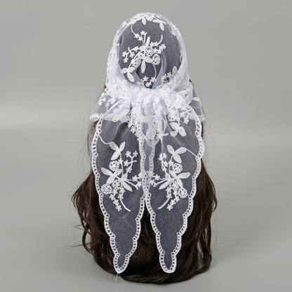 Bufanda triangular con encaje floral de color sólido para mujer, material acrílico, elegante accesorio de moda