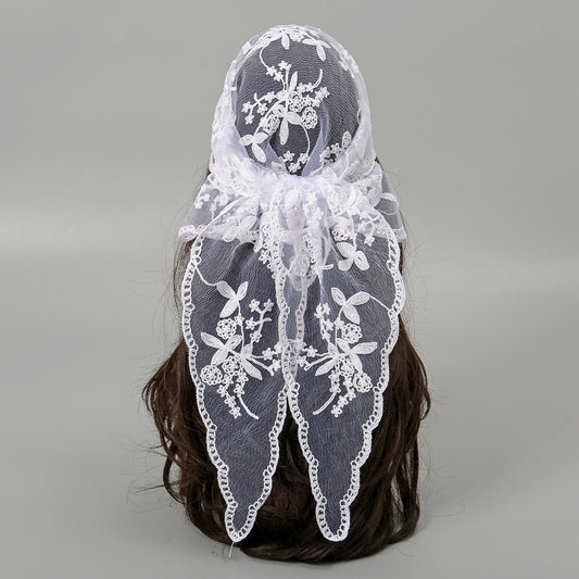 Bufanda triangular con encaje floral de color sólido para mujer, material acrílico, elegante accesorio de moda