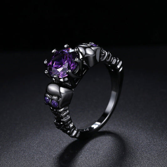 Bague unisexe Halloween en cuivre avec tête de mort et zircon violet