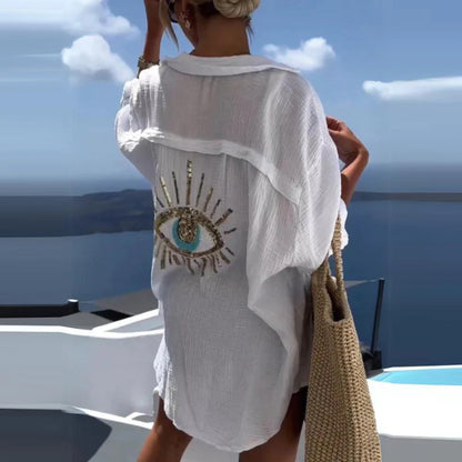 Camisa informal de verano para mujer con estampado de mal de ojo en la espalda