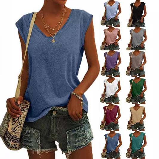 Camiseta sencilla de verano para mujer, color liso, con cuello en V