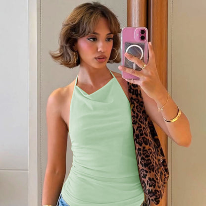 Women Solid Color Polyester Halter-Neck Tank Top