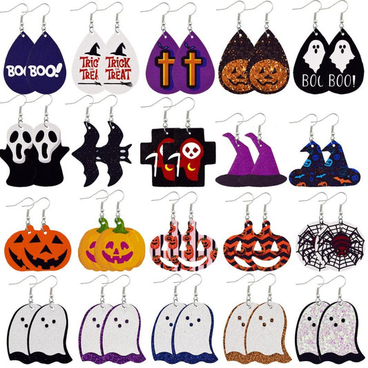 Halloween Women Horror Funny Pumpkin Ghost Bat PU Earrings