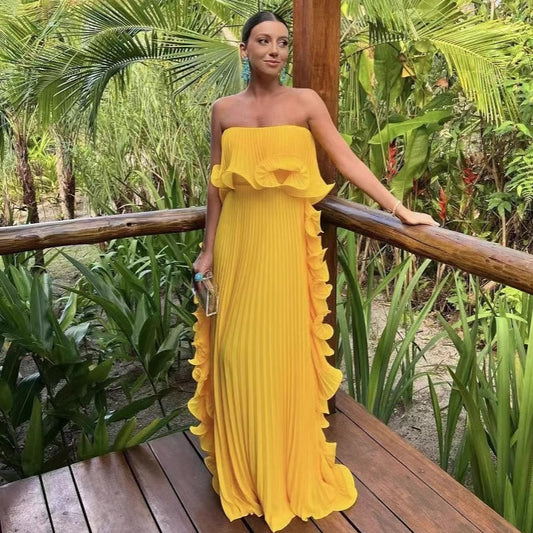Women's Solid Color Tube Top Pleated Maxi Dress