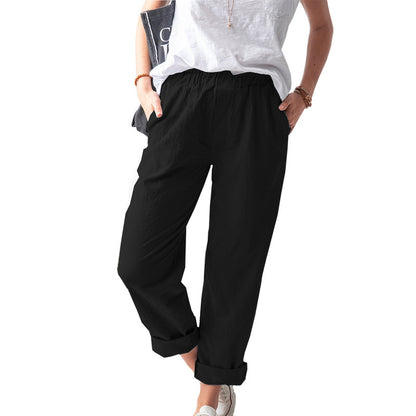 Women Casual Solid Color Cotton And Linen Pants