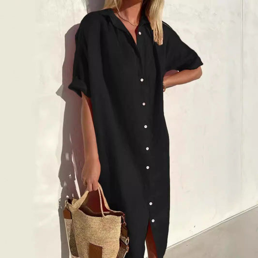 Women Casual Cotton Linen Short Sleeve Dress with Pocket and Lapel