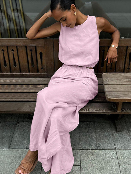Women Sleeveless Casual Cotton Linen Two-Piece Set with Side Slits
