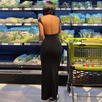 Robe moulante dos nu à manches courtes et col rond pour femme